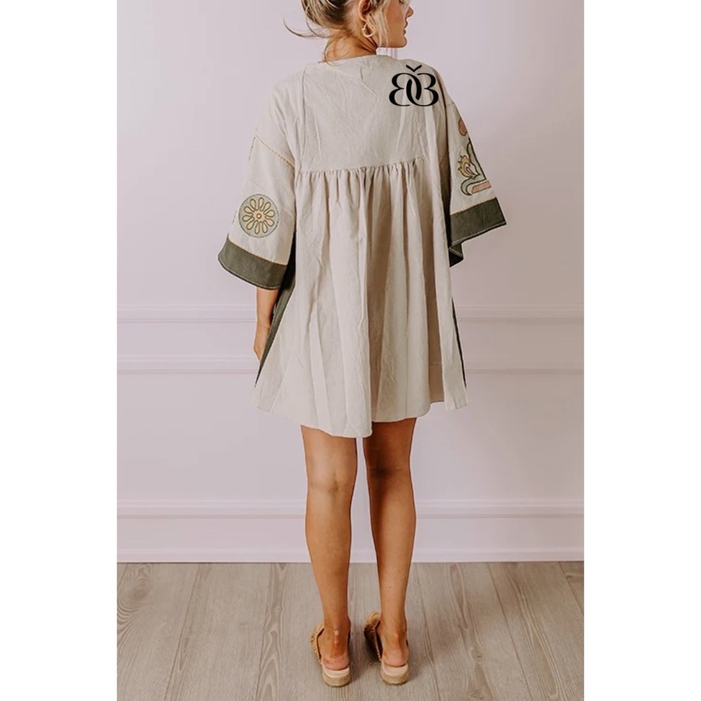Beige & Green Boho Embroidered V Neck 3/4 Sleeve Babydoll Mini Dress - Picture 8 of 16